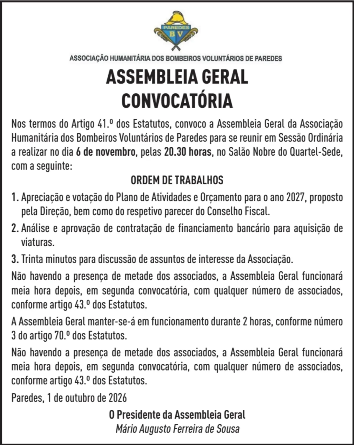 Imagem de contexto do artigo CONVOCATORIA BOMB VOLUNTARIOS DE PAREDES PLANO ATIVAÇAO
