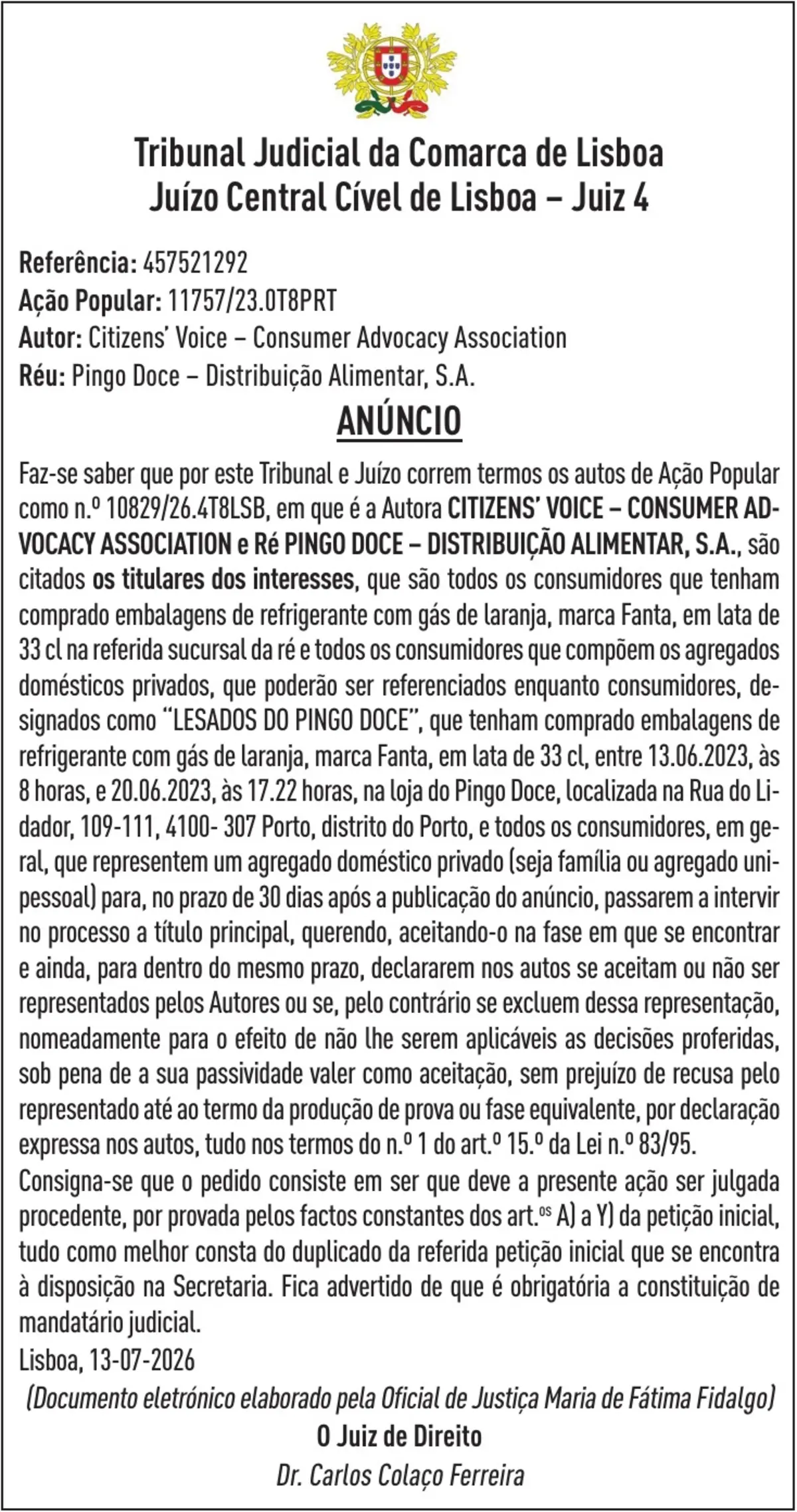 Imagem de contexto do artigo Tribunal Judicial da Comarca de Lisboa Juízo Central Cível de Lisboa - Juiz 4