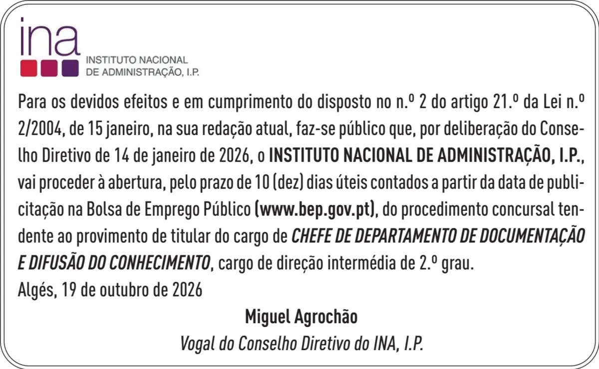Imagem de contexto do anúncio CHEFE DEPART.COMUNICAÇAO E DIFUSAO DO CONHECIMENTO