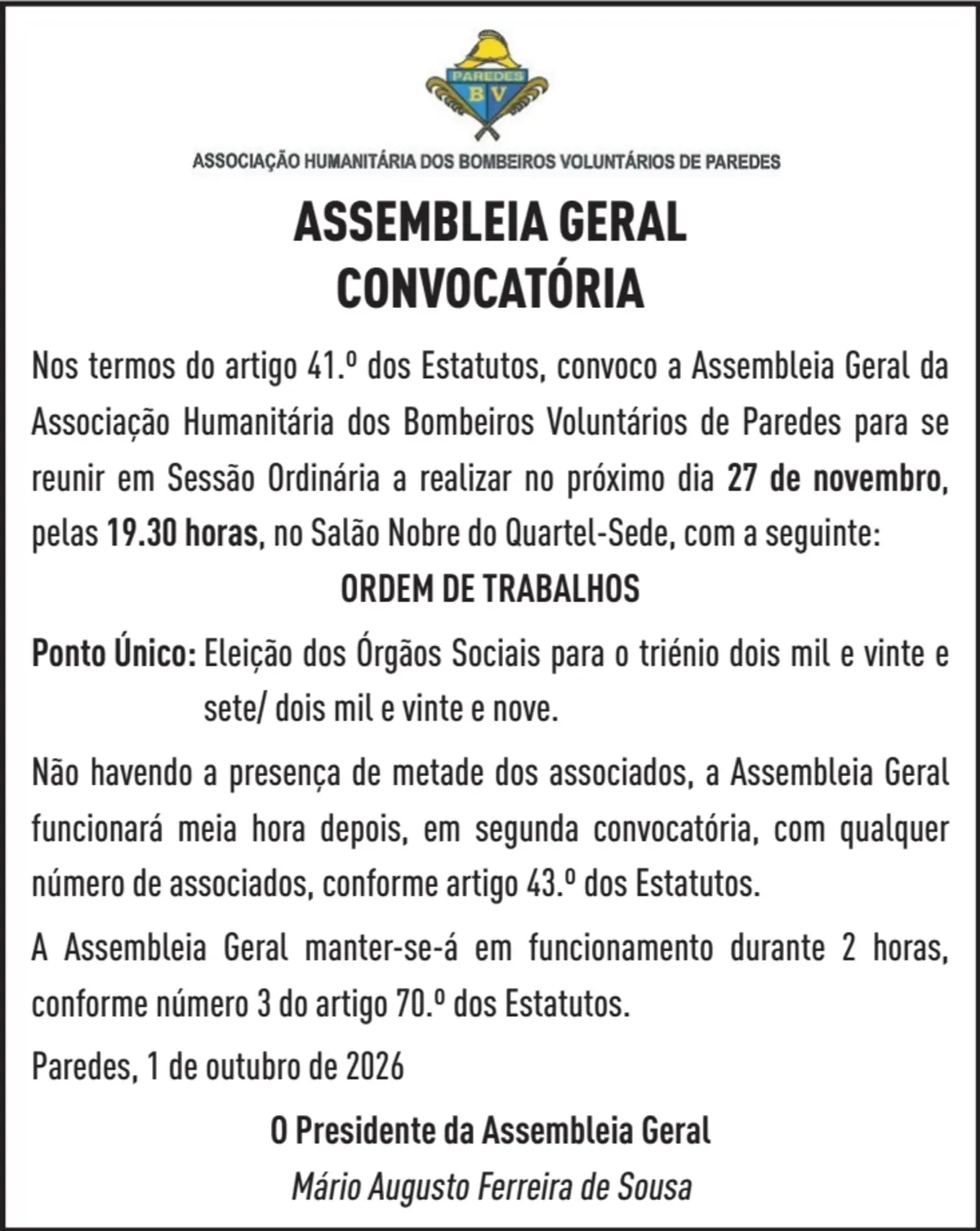 Imagem de contexto do artigo CONVOCATORIA BOMB VOLUNTARIOS DE PAREDES